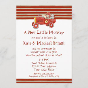 Retro Sock Monkey w Fire Engine Baby Boy Gifts Invitation