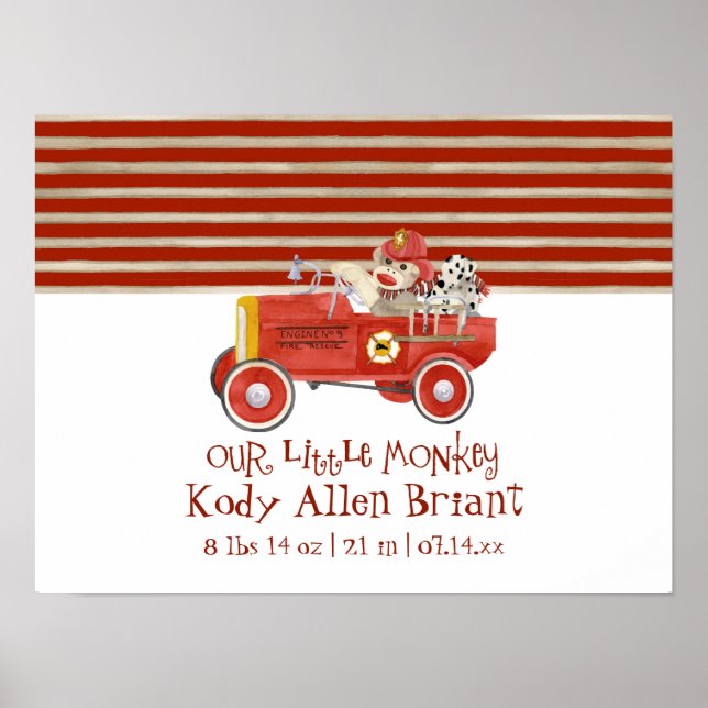 Retro Sock Monkey w Fire Engine Baby Boy Gifts Poster (Front)
