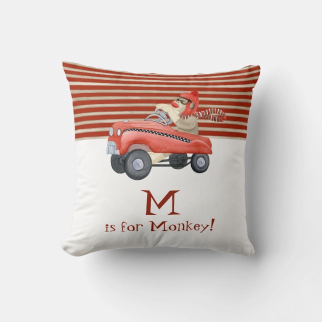 Retro Sock Monkey w Pedal Car Baby Boy Gifts Cushion (Front)