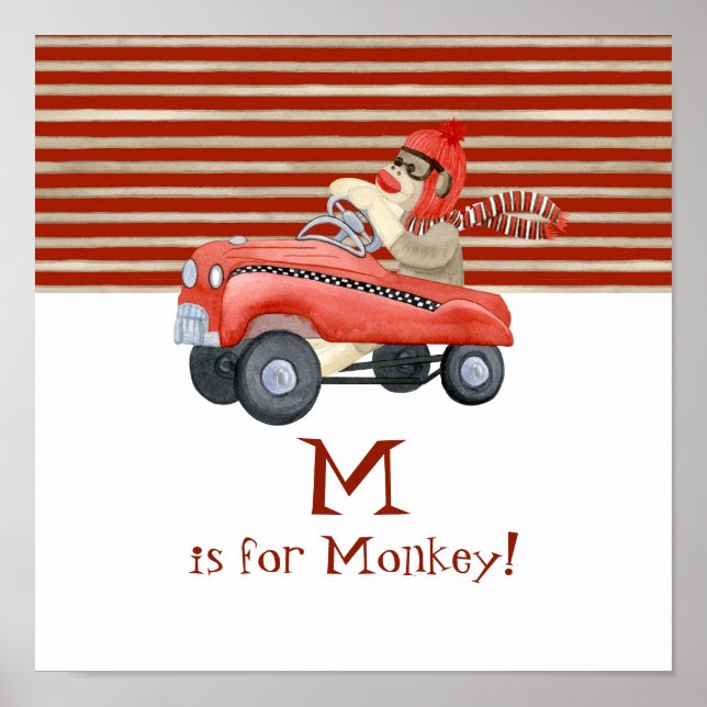 Retro Sock Monkey w Pedal Car Baby Boy Gifts Poster (Front)