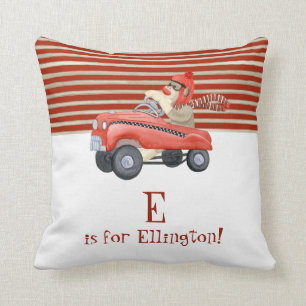 Retro Sock Monkey w Pedal Car Baby Boy Name Cushion