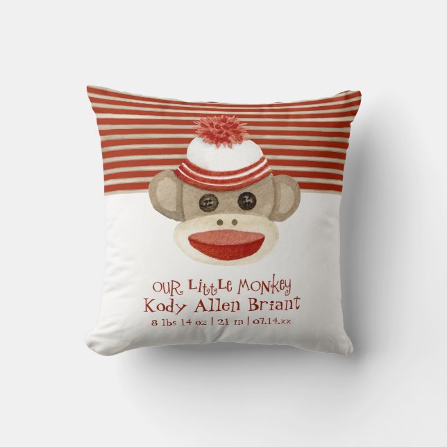 Retro Sock Monkey w Stocking Cap Baby Boy Gifts Cushion (Front)