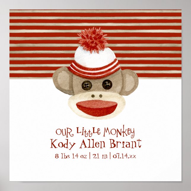 Retro Sock Monkey w Stocking Cap Baby Boy Gifts Poster (Front)