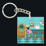 Retro Soda Fountain Acrylic Keychain<br><div class="desc">Serve up something special with this Retro Soda Fountain Acrylic Keychain. The minimalist art, cartoon drawing design features the interior of the coolest spot in town. It's a 1950's soda fountain, in all of its kitschy glory! Against the backdrop of an aqua wall, we can see posters advertising the specialities...</div>