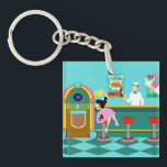 Retro Soda Fountain Acrylic Keychain<br><div class="desc">Serve up something special with this Retro Soda Fountain Acrylic Keychain. The minimalist art, cartoon drawing design features the interior of the coolest spot in town. It's a 1950's soda fountain, in all of its kitschy glory! Against the backdrop of an aqua wall, we can see posters advertising the specialities...</div>