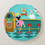 Retro Soda Fountain Round Pillow<br><div class="desc">Serve up something special with this Retro Soda Fountain Round Pillow. The minimalist art, cartoon drawing design features the interior of the coolest spot in town. It's a 1950's soda fountain, in all of its kitschy glory! Against the backdrop of an aqua wall, we can see posters advertising the specialities...</div>