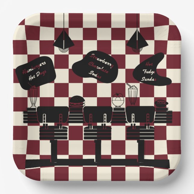 Retro Soda Fountain Shop Red Squares Paper Plate (Front)