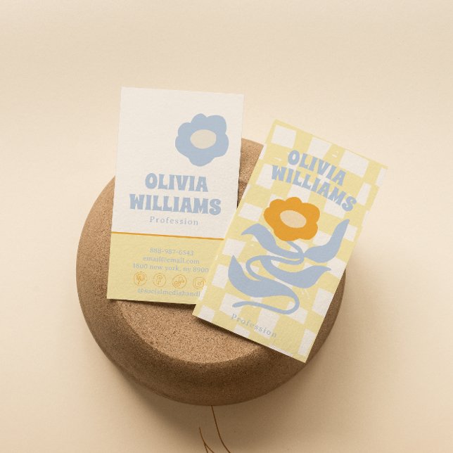 Retro Soft Boho Groovy Checkered Floral Unique 70s Business Card (Creator Uploaded)