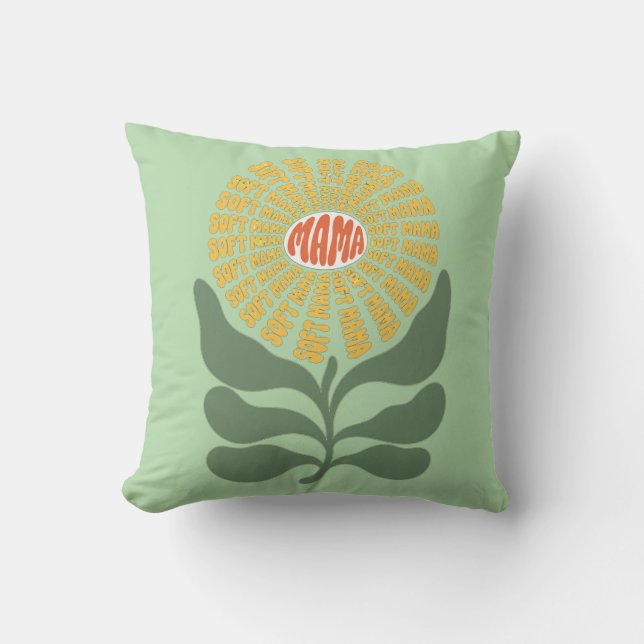 Retro "Soft Mama" Flower Typography Design Cushion (Front)