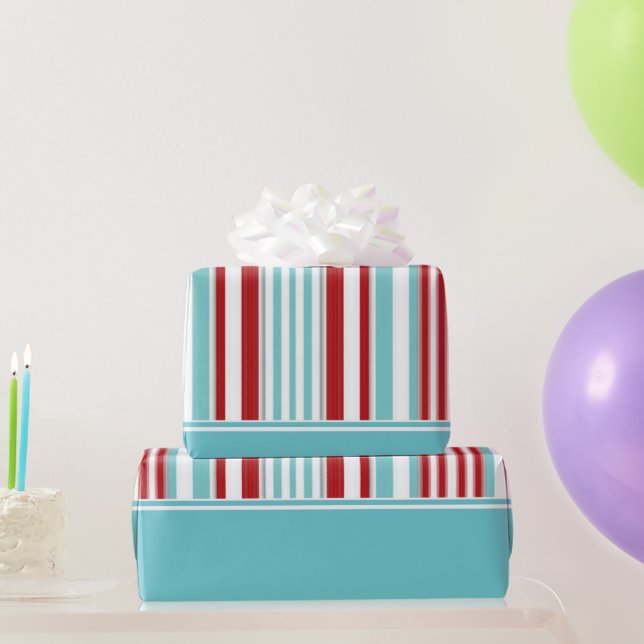 Retro Solid Aqua w/ Red, White, Aqua Blue Stripes Wrapping Paper (Party Gifts)