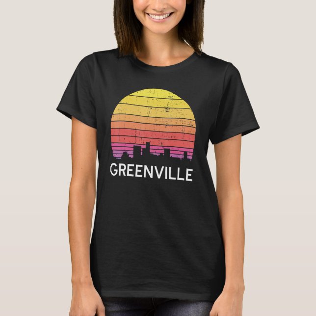 Retro South Carolina City Greenville Skyline Vinta T-Shirt (Front)
