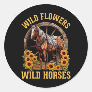 Retro Southern Wild Flowers Wild Horses1 Classic Round Sticker