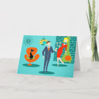 Retro Space Age Cartoon Couple Greeting Card