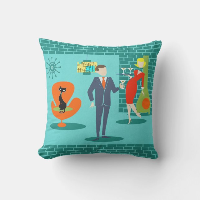 Retro Space Age Cartoon Couple Outdoor Pillow (Front)