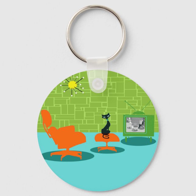 Retro Space Age Kitty Button Keychain (Front)