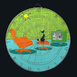Retro Space Age Kitty Dart Board<br><div class="desc">It is said that dogs have owners and cats have staff. The feline on this Retro Space Age Kitty Dart Board couldn't agree more! The 1960's style, minimalist art design features a sleek, black cat in a mid century modern living room. The sophisticated room prominently features a green, stone wall....</div>