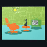 Retro Space Age Kitty Notepad<br><div class="desc">It is said that dogs have owners and cats have staff. The feline on this Retro Space Age Kitty Notepad couldn't agree more! The 1960's style, minimalist art design features a sleek, black cat in a mid century modern living room. The sophisticated room prominently features a green, stone wall. The...</div>