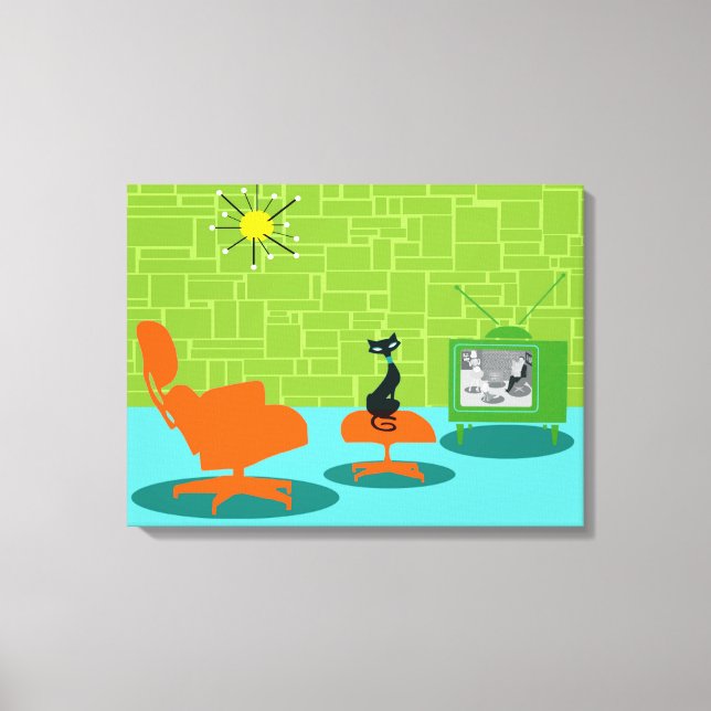 Retro Space Age Kitty Stretched Canvas Print (Front)