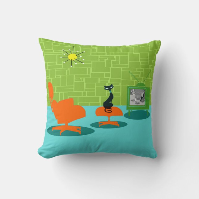 Retro Space Age Kitty Throw Pillow (Front)
