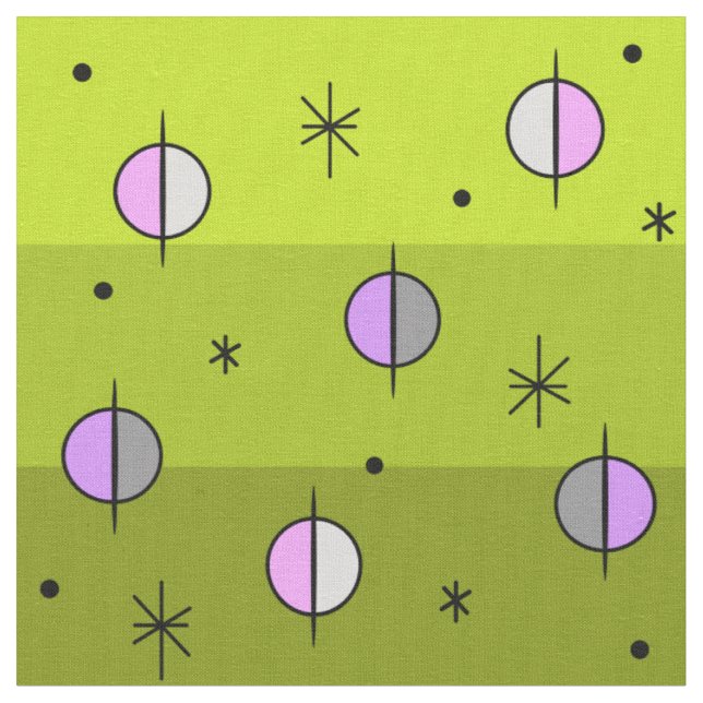 Retro Space Age Planets Stars Chartreuse Fabric (Close Up)