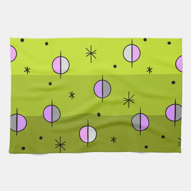 Retro Space Age Planets Stars Chartreuse Tea Towel (Horizontal)