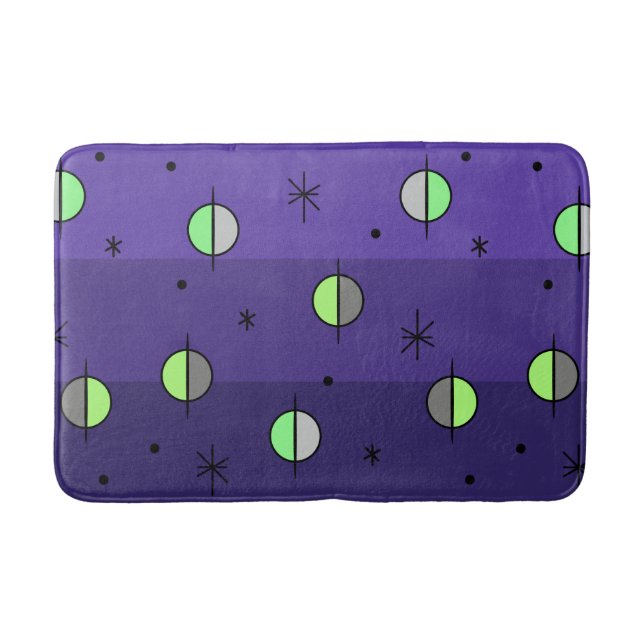 Retro Space Age Planets Stars Indigo Bath Mat (Front)