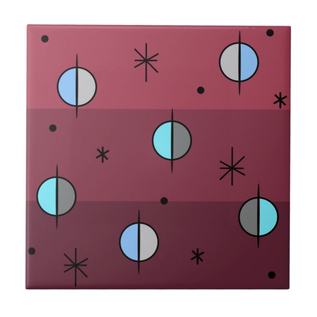 Retro Space Age Planets Stars Maroon Ceramic Tile (Front)