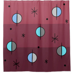 Retro Space Age Planets Stars Maroon Shower Curtain