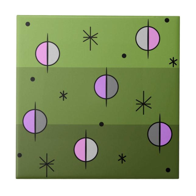 Retro Space Age Planets Stars Olive Green Ceramic Tile (Front)