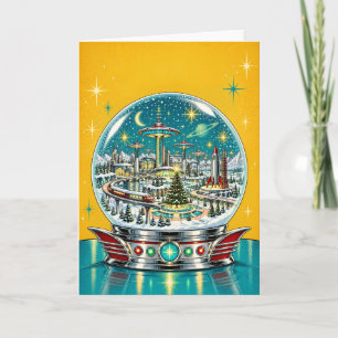 Retro Space Age Snow Globe Christmas City Holiday Card