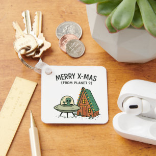 Retro Space Alien Christmas UFO Holiday Cabin Art Key Ring
