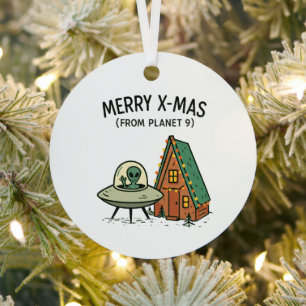 Retro Space  Alien Christmas UFO Holiday Cabin Art Metal Tree Decoration