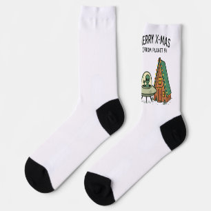 Retro Space Alien Christmas UFO Holiday Cabin Art Socks