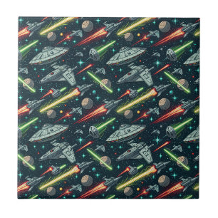 Retro Space Battle Sci-Fi Spaceship Comic Pattern Ceramic Tile