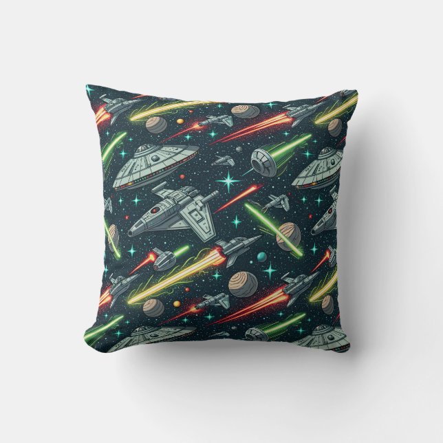 Retro Space Battle Sci-Fi Spaceship Comic Pattern Cushion (Front)