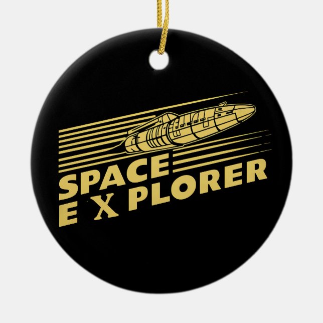 Retro Space Explorer Rocket Graphic Ceramic Ornament (Front)