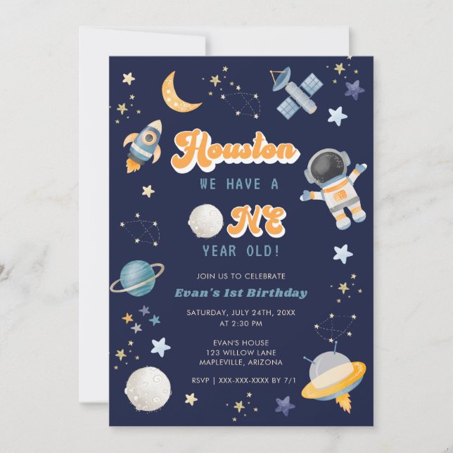 Retro Space Houston We Have a 1 Year Old Birthday Invitation (Front)