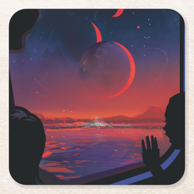 Retro Space Poster - Viewers Observe Trappist-1e. Square Paper Coaster (Front)
