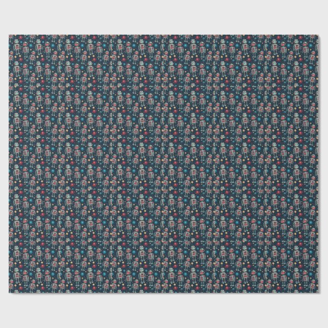 Retro Space Robot Sci-Fi Adventure Comic Pattern Wrapping Paper (Flat)