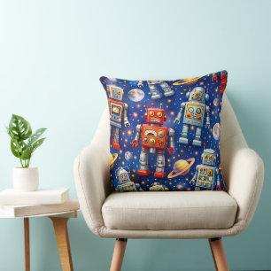 Retro space robots Galactic voyage decorative thro Cushion