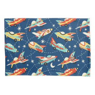 Retro Space Rocket Cars Blue Cute Kids Pattern Pillowcase