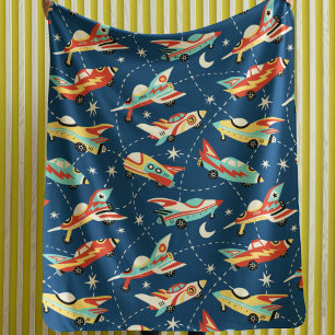 Retro Space Rocket Cars Blue Kids Pattern Sherpa Blanket