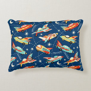 Retro Space Rocket Cars Blue Personalised Name Decorative Cushion