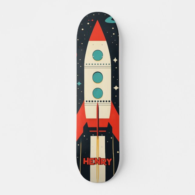 Retro Space Rocket Illustration Skateboard (Front)