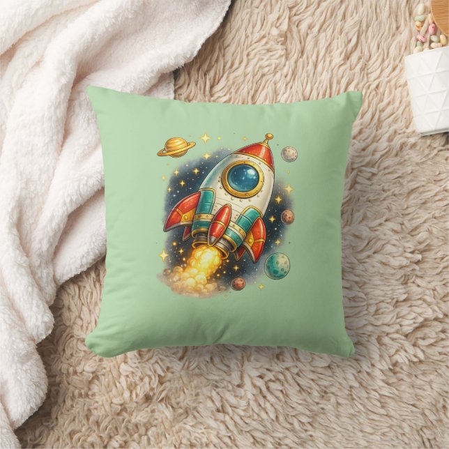 ​Retro Space Rocket Launch Sage Green Throw Pillow (Blanket)