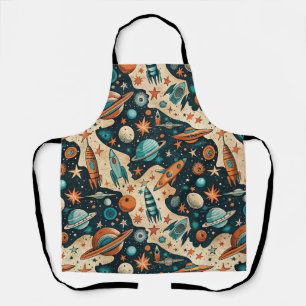 Retro Space Rocket Planets Orange Teal Nursery Apron