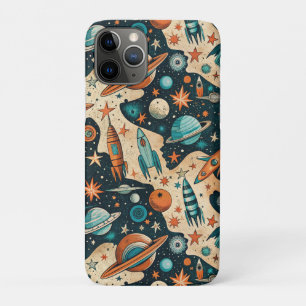 Retro Space Rocket Planets Orange Teal Nursery iPhone 11 Pro Case