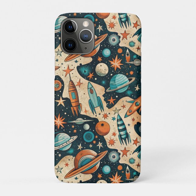 Retro Space Rocket Planets Orange Teal Nursery Case-Mate iPhone Case (Back)