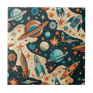 Retro Space Rocket Planets Orange Teal Nursery Ceramic Tile