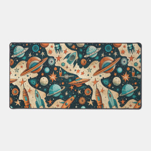 Retro Space Rocket Planets Orange Teal Nursery Desk Mat